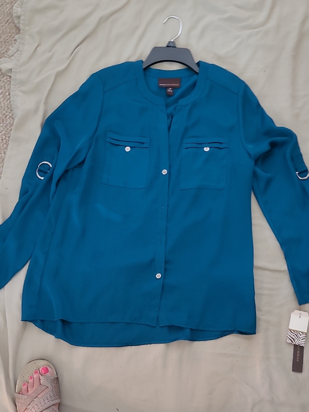 Dana Buchman Teal Button-Front Blouse with Chest Pockets